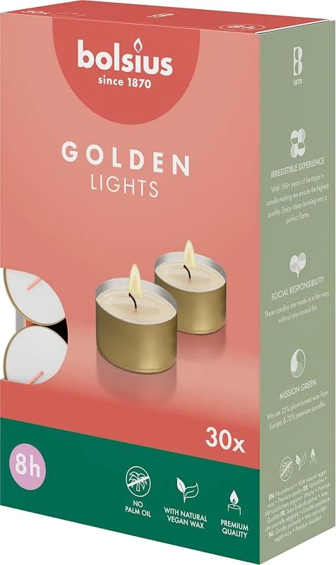 Besuche den bolsius-Store Bolsius Teelichter mit goldenem Becher - 30 Stk. - 8 Stunden Brenndauer - Dekorative Haushaltskerzen - Unparfümiert - Mit Natürlichem Pflanzenwachs - Ohne Palmöl — Kerzenlicht Abendessen