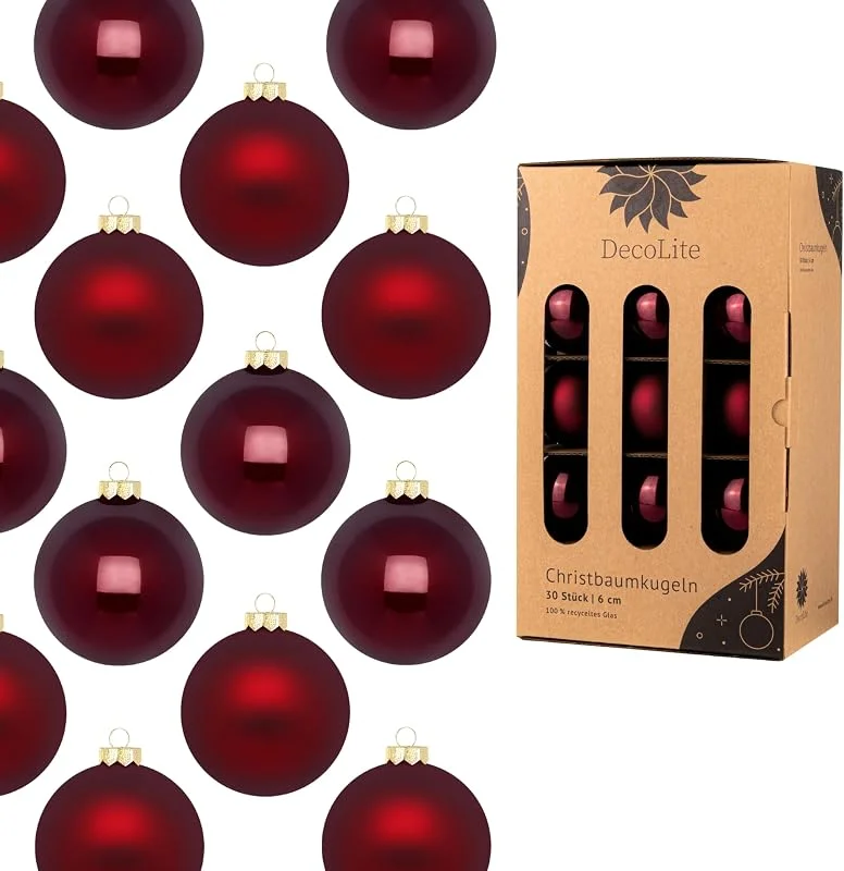 Marke: DecoLite Weihnachtskugeln Glas Ø 6 cm, 30er Set, Bordeaux matt, glänzend — Weihnachtsdeko