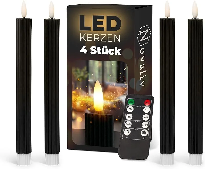 Besuche den Novaliv-Store Stabkerzen LED mit Timer SCHWARZ 4 Stück indoor 6 Stunden - ECHTWACHS gerippt 23cm Höhe für Kerzen 2, 2cm Durchmesser 2 AAA Batterien notwendig LED Stabkerzen flackernde Flamme bewegliche Flamme Licht — Advent und Tisch