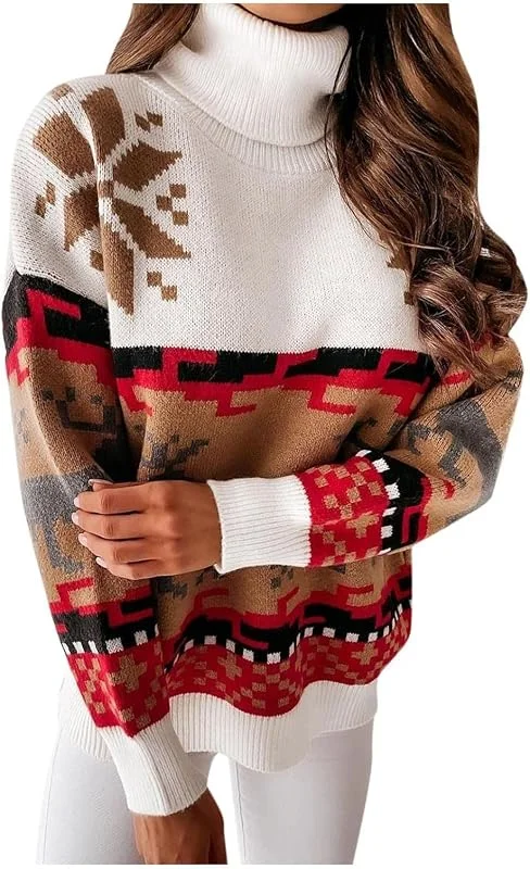 Marke: Generic Damen Pullover Weihnachtspullover Rollkragen Sweater Langarm Sweatshirt Pulli mit Norwegermuster Elegant Casual Weihnachtspulli Oberteil Top Loose Fit Tops — Weihnachtsmode