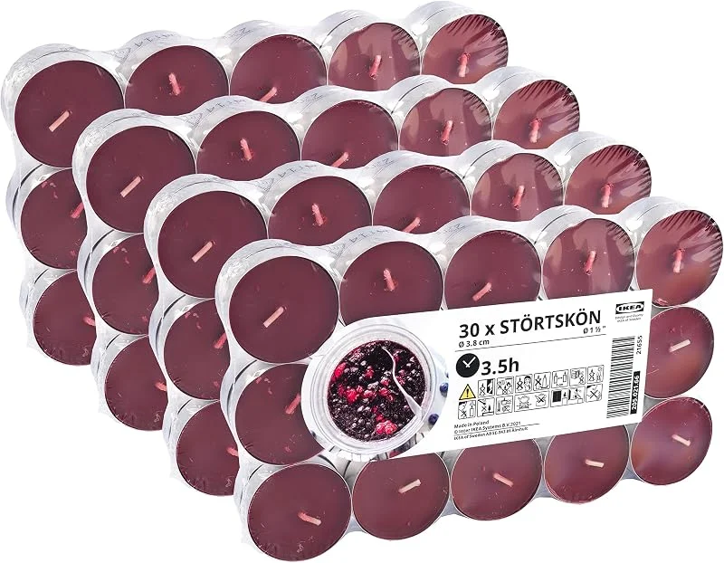 Marke: IKEA Ikea STORTSKON Teelichtkerzen, 120 Stück, 3, 5 Stunden, Duft: Beeren, Blattgrün und Veilchen, Rot, 3.8cm — Kerzenlicht Abendessen