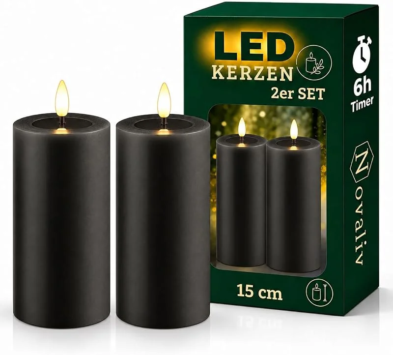Besuche den Novaliv-Store Novaliv 2er Set LED Stumpenkerzen groß grau Echtwachskerze mit beweglicher Flamme flackernd - Timerfunktion für 6 Stunden warmweißes Licht 7, 5cm ø 15cm Höhe - 2 AA Batterien nötig Echtwachspiegel — Advent und Tisch