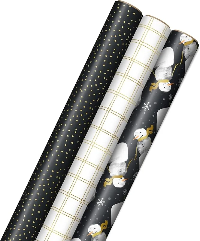 Besuche den Hallmark-Store Hallmark Geschenkpapier mit Schnittlinien auf der Rückseite (3 Rollen: 120 m². ftl) Anthrazit, Schneemänner, goldfarbenes Fensterscheibenkaro, Punkte für Feiertage, Chanukka, Hochzeiten — Geschenkverpackung