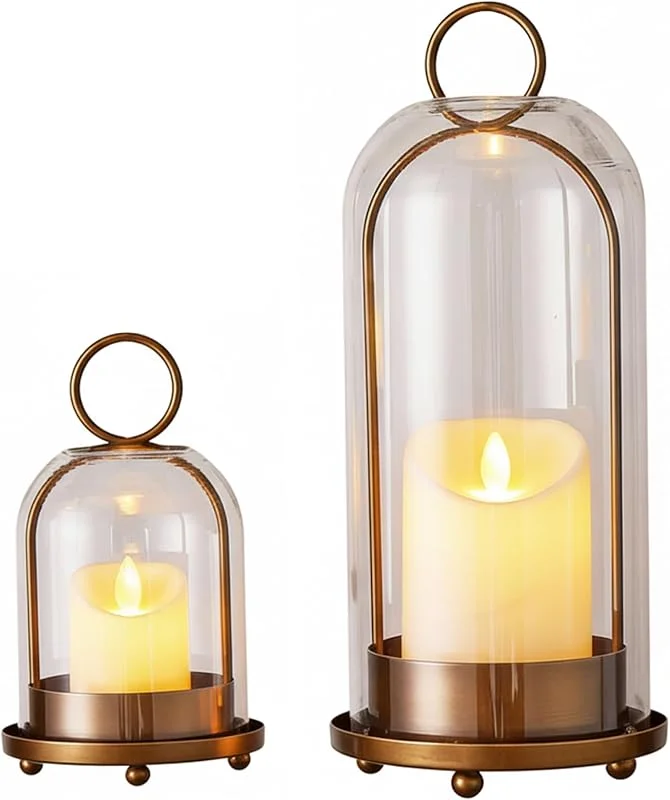 Marke: Bemonew Set mit 2 Windlichtern aus Glas Goldener Metall-Kerzenhalter für rustikale Landhausdekoration Kerzenhalter aus Klarglas — Kerzenlicht Abendessen