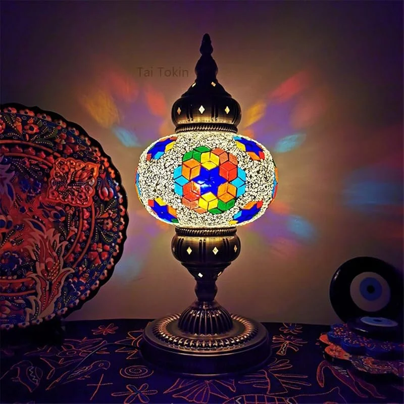 Marke: Generic Handgefertigte türkische Mosaik-Tisch-Schreibtischlampe, Retro-Romantisches marokkanisches böhmisches LED-Nachtlicht, Dekorationslampe für Bar-Kaffee (Farbe: Traumrot) — Kerzenlicht Abendessen