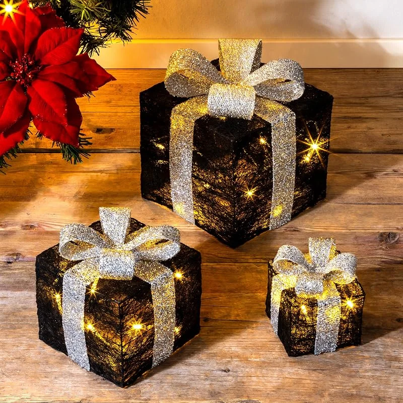 Besuche den Spetebo-Store LED Geschenkboxen mit Timer 3er Set - Farbe - Weihnachts Dekoboxen warm weiß beleuchtet - Weihnachten Advent Winter Christbaum Deko Beleuchtung Batterie betrieben (schwarz) — Geschenkverpackung