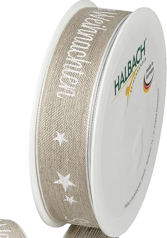 Besuche den Halbach-Store Halbach Weihnachts-Geschenkband aus Leinen, 25 mm x 15 m, natur, weiß — Geschenkverpackung