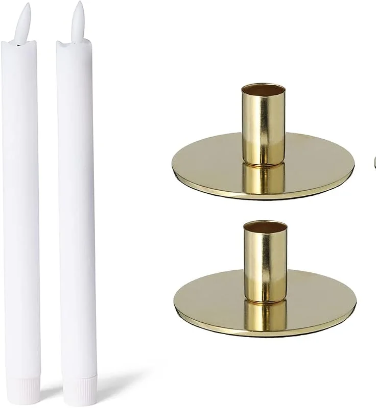 Besuche den Novaliv-Store Novaliv 2er-Set Kerzenhalter Metall rund Gold 10x5cm mit LED Premium Echtwachskerzen Tafelkerze Flackereffekt weihnachtliche Tischdekoration Kerzenständer Kerzenpin scandic chic Vintage Kerzenhalter — Kerzenlicht Abendessen