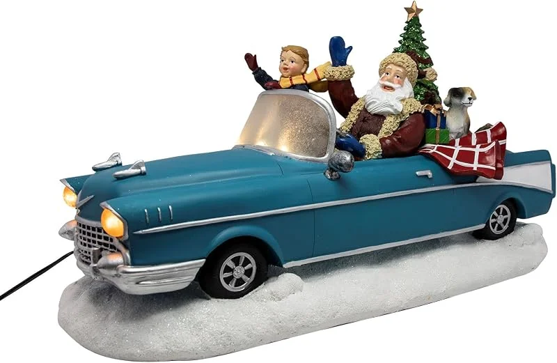 Besuche den Spetebo-Store Spetebo LED Weihnachts Szene Weihnachtsmann im Oldtimer blau 38 cm — Weihnachtsdeko