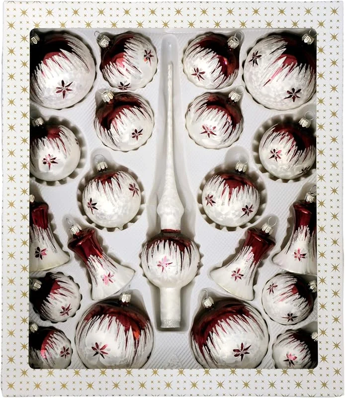 Marke: Jingle Bells Lauscha 21-teiliges Modern Art Christbaumkugel Set, Mundgeblasene Kugel, Eisweiß mit Bordeaux Dekor, Hängend, Glas, Weihnachtskugel, Weihnachten, Geburtstag, Muttertag — Weihnachtsdeko