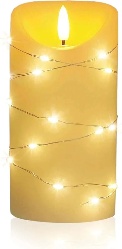 Besuche den LED Universum-Store LED Universum - LED Kerze Cynthia 15cm, Echtwachskerze umwickelt mit einer LED Lichterkette, cremefarben, warmweißes Licht, 5h Timer, Batteriebetrieben: 2x AA (nicht inklusive) (Cynthia 15 cm) — Advent und Tisch