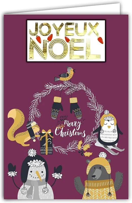 Marke: Afie 61-6124 Grußkarte Weihnachtskranz – mit 1 Collage Fröhliche Weihnachten glänzend in 3D-Relief + 1 weißer Umschlag Format 12 x 17, 5 cm – Schneemann Tiere im Winter – Schneemann im Winter Bär Pinguin — Weihnachtsdeko