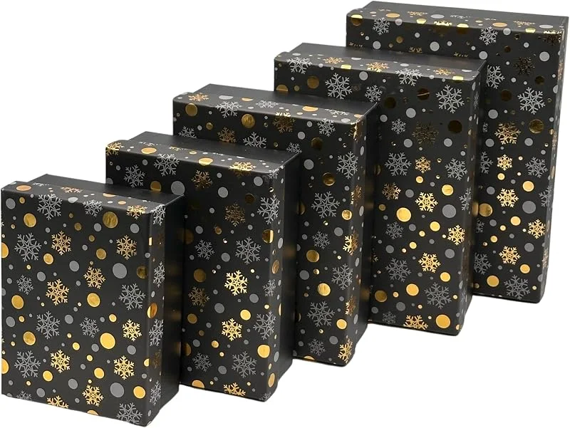 Besuche den Bambelaa!-Store Bambelaa! 5er Set Geschenkboxen Kartonage Weihnachts Design Kisten Schachteln Geschenk Schwarz Gold Geschenkverpackung Geschenkschachtel mit Deckel Weihnachten Groß 24, 5x18, 5x8 cm Klein 16, 5x12, 5x6 cm