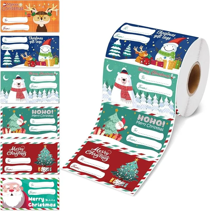Marke: Tadoiooy 500pcs Weihnachts-Tags wasserdichte DIY-Weihnachtsaufkleber selbstklebende Tags mit 6 festlichen Mustern leicht zu schälen für Geschenke, Dekorationen — Geschenkverpackung