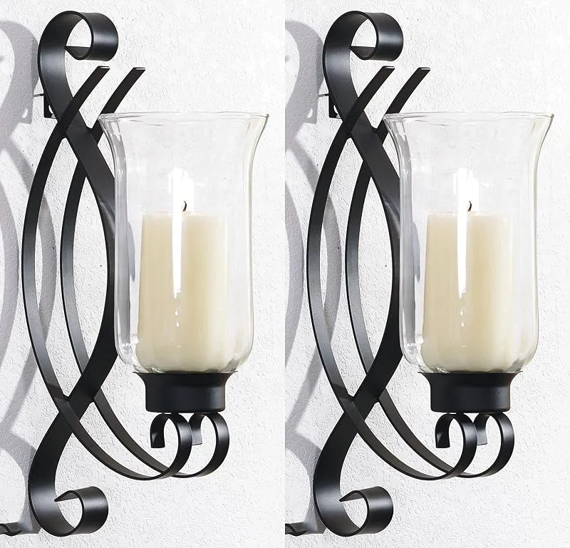 Besuche den Novaliv-Store Novaliv 2X Wandkerzenhalter Vintage Metall mit Glas 18 x 36 x 20 cm Schwarz Kerzenhalter Wohnzimmer Dekoration Wanddeko Vintage Deko Kerzenständer Stumpenkerze — Kerzenlicht Abendessen