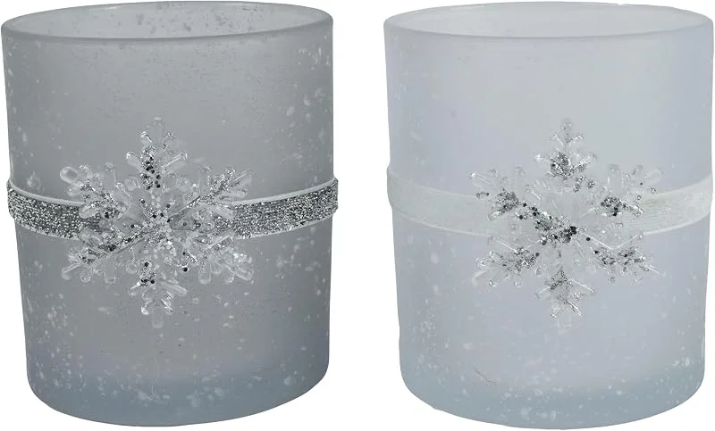 Marke: Kaemingk Kaemingk Teelichthalter Glas 10cm 1 Stück Sortiert - Teelichtglas mit Schneeflocke am Band - Kerzenhalter Windlicht für Teelichter - Kerzenglas Tischdeko Weihnachtsdeko Winterdeko — Advent und Tisch