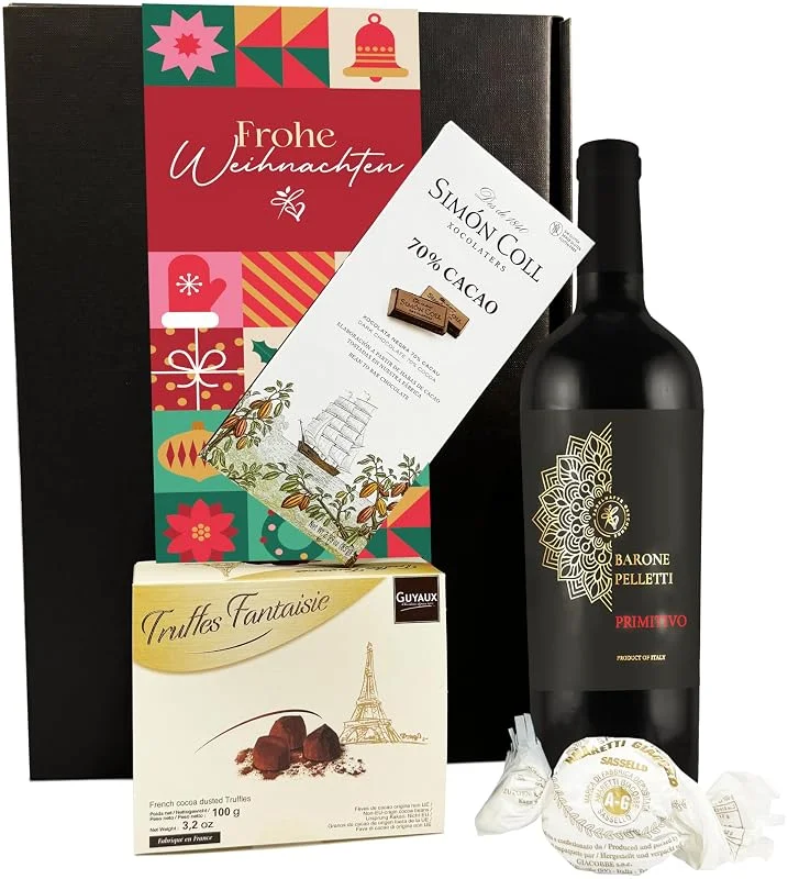 Besuche den FABELHAFTE GESCHENKE-Store Geschenkset Rotwein mit Schokoladentrüffeln & dunkler Schokolade, Wein Geschenk für Genießer, Präsentkorb für Männer & Frauen, Geburtstag, Weihnachten, Jubiläum, mit Weihnachtsgruß-Banderole — Wein und Festtafel