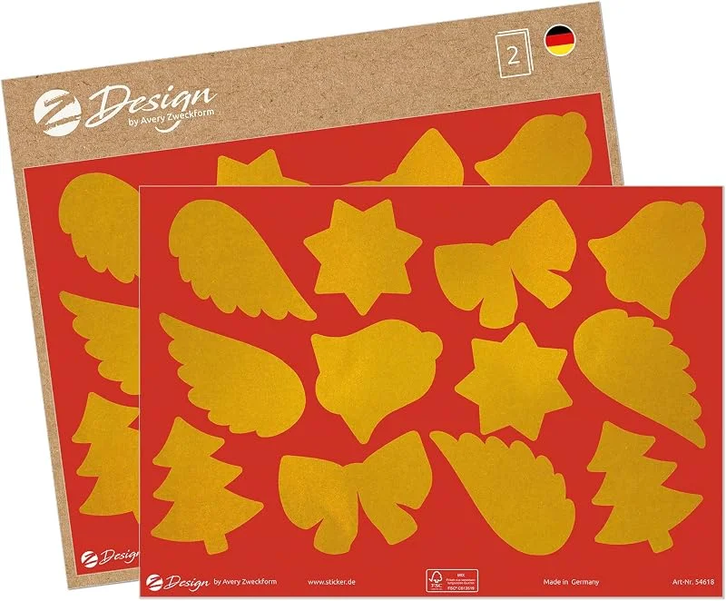 Besuche den AVERY Zweckform-Store AVERY Zweckform 24 Aufkleber Weihnachten Sterne Flügel Tannenbaum gold (Made in Germany, Weihnachtssticker A5 Bogen, Goldpapier selbstklebend, Weihnachtsdeko Karten, Geschenke, Tüten) 54618 — Geschenkverpackung