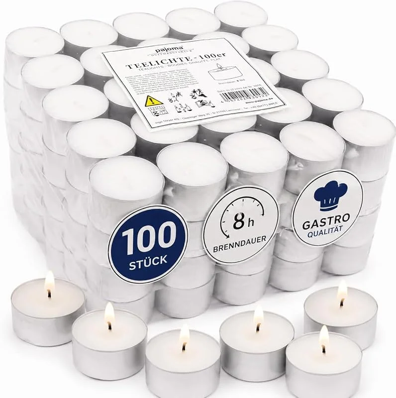 Besuche den pajoma-Store pajoma® Teelichter, Weiß, unbeduftete Teelichter, Brenndauer: 8 Std. - 20g Wachsgewicht, 25 x 38 mm, Gastro, Hochzeit, Dekorieren, Feiern, Entspannen — Kerzenlicht Abendessen