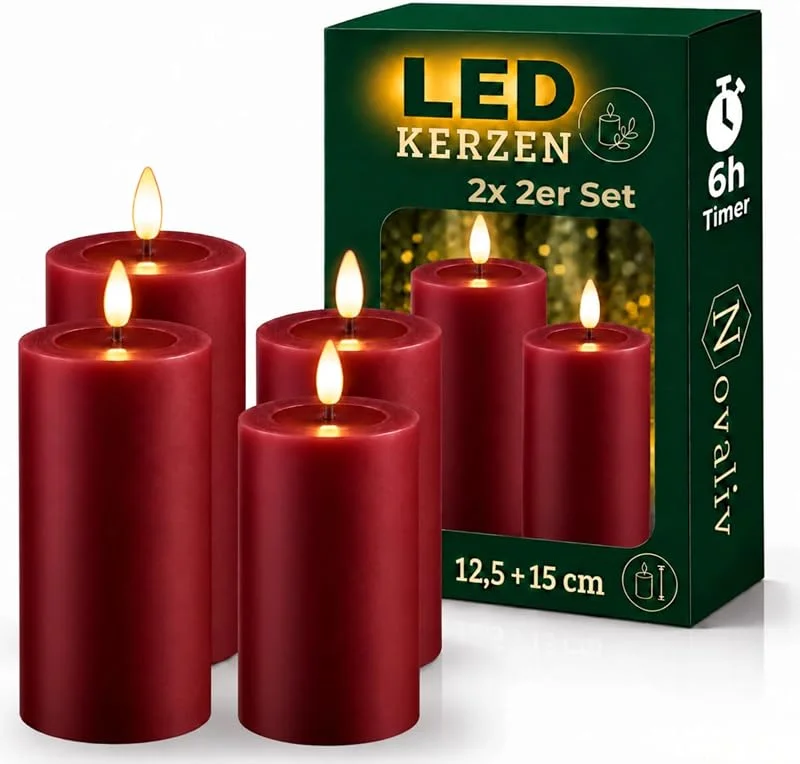 Besuche den Novaliv-Store Novaliv 4er Set Led Kerzen flackernde Flamme mit Echtwachspiegel rot 7, 5cm ø 2X 15 cm, 2x12, 5 cm Höhe, LED Kerzen mit Timerfunktion, 2 AA Batterien nötig, LED Echtwachs Stumpenkerzen rot — Advent und Tisch
