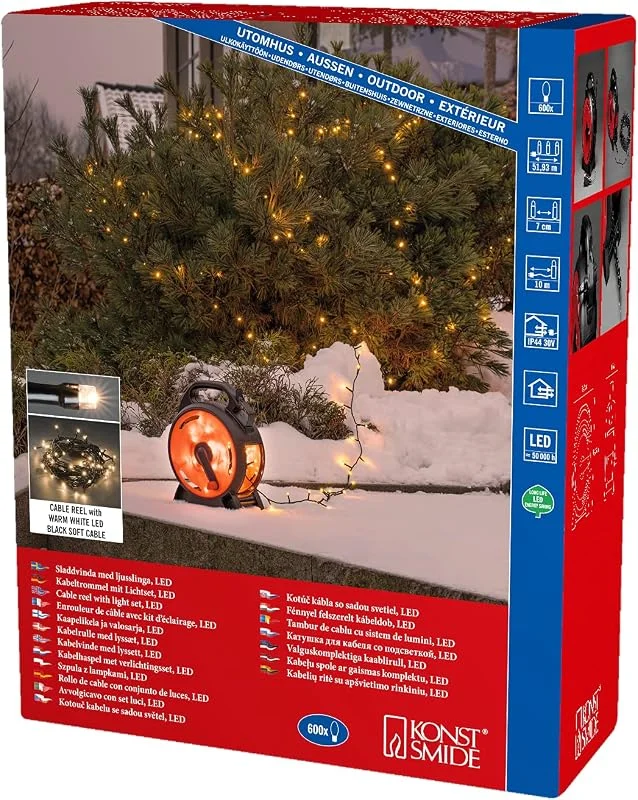 Besuche den Konstsmide-Store Konstsmide Micro LED Lichterkette mit Kabelaufroller, schwarz-rot, 600 warm weiße Dioden, 30V Außentrafo, 6W, schwarzes Soft-Kabel - 3836-107 — Weihnachtsbeleuchtung
