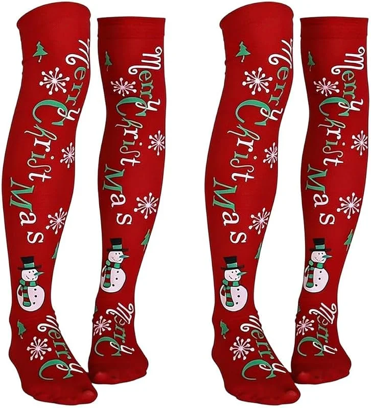 Marke: Tsffae Weihnachtliche Oberschenkelstrümpfe, 2 Paar, Bedruckte Röhrenstrümpfe, Overknee-strümpfe Für Weihnachtskostüme — Weihnachtsmode