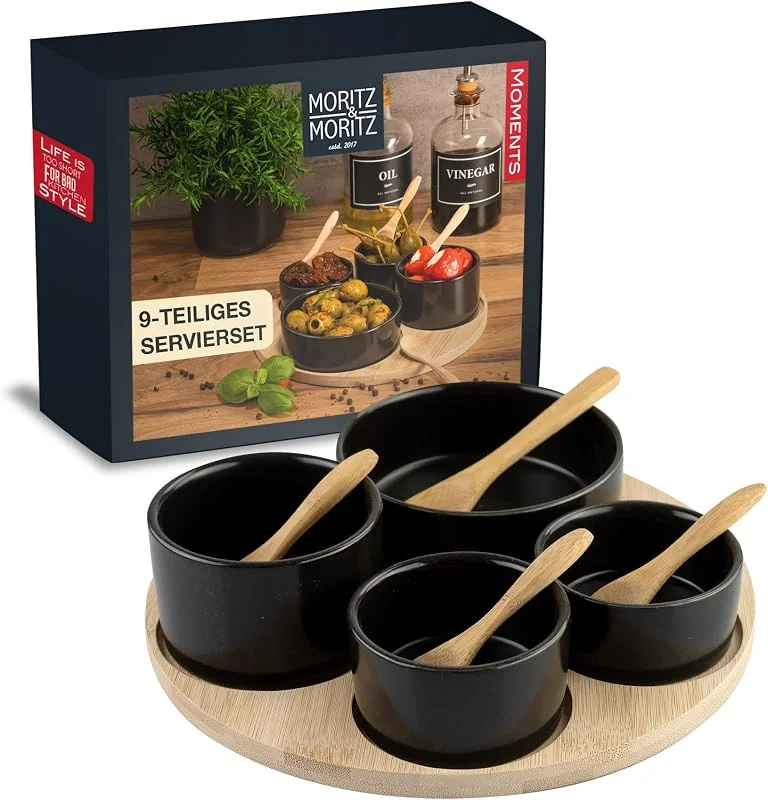 Besuche den Moritz & Moritz-Store Moritz & Moritz Dipschalen Set mit Bambus Tablett rund 4 Schalen schwarz — Geschenkverpackung