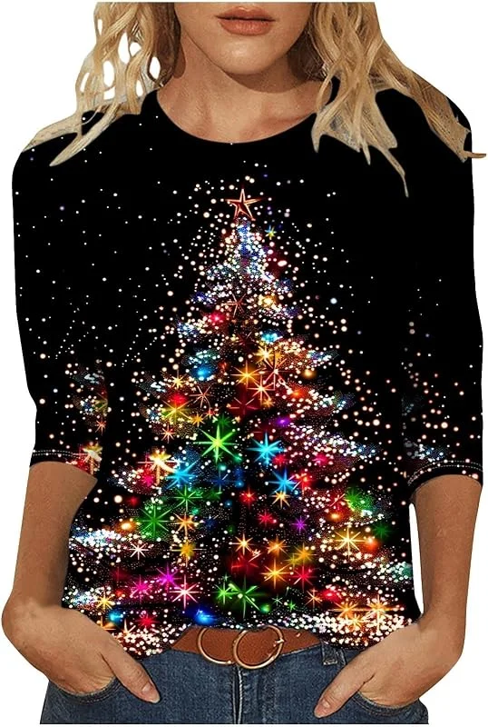 Marke: Generisch Generisch Ugly Christmas Sweater Damen 3, 4 Arm Weinglas Druck Weihnachtsshirt Kleidung Xmas Tshirt Frauen Leichte Raglanärmel Weihnachtsoutfit Glitzer Bluse Casual Weihnachten Locker Rundhals — Weihnachtsmode