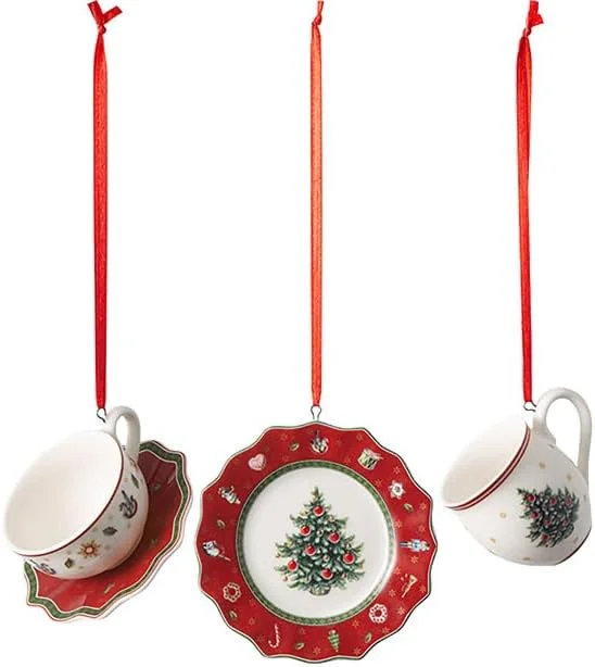 Villeroy & Boch - Toy's Delight Decoration Ornamente Geschirrset rot, 3tlg., charmantes Anhänger-Set für den Christbaum, Weihnachtsgeschirr Porzellan, rot, 4 x 7 cm — Advent und Tisch