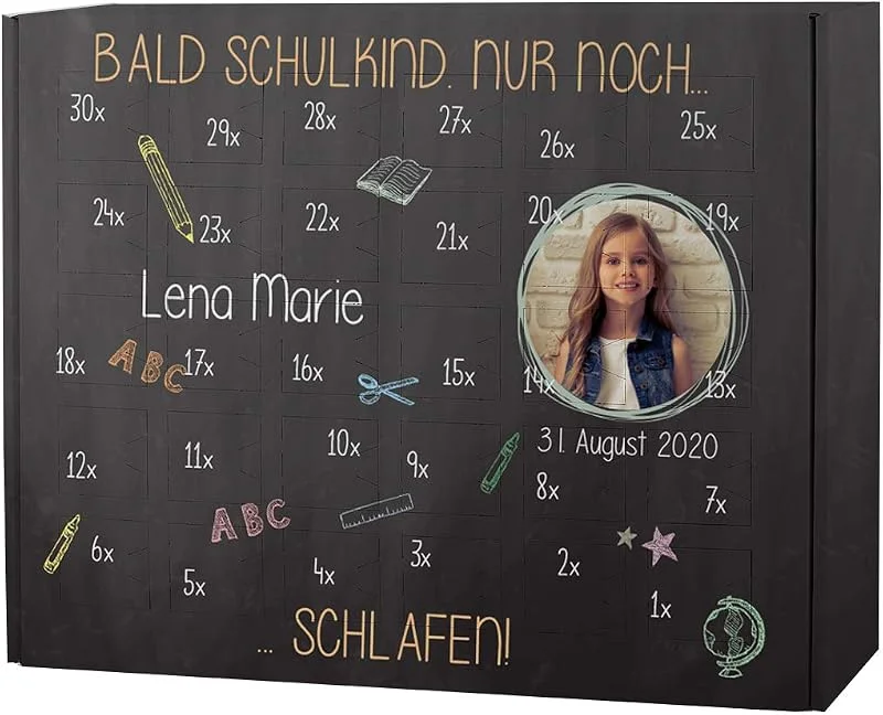 Besuche den Striefchen-Store Striefchen® Schulstart-Countdown-Kalender zum selber Befüllen mit Personalsierung 30 Türchen zum Schulanfang Endlich Schulkind mit Foto — Advent und Tisch