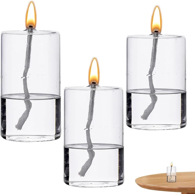 Marke: Obelunrp Glasöllampe 3pcs runde transparente rauchlose, filde dekorative Öl Kerze Geruchsfreie Öllampe für Esstisch Hochzeit Herzstück, Öllampe, Ölkerze — Kerzenlicht Abendessen