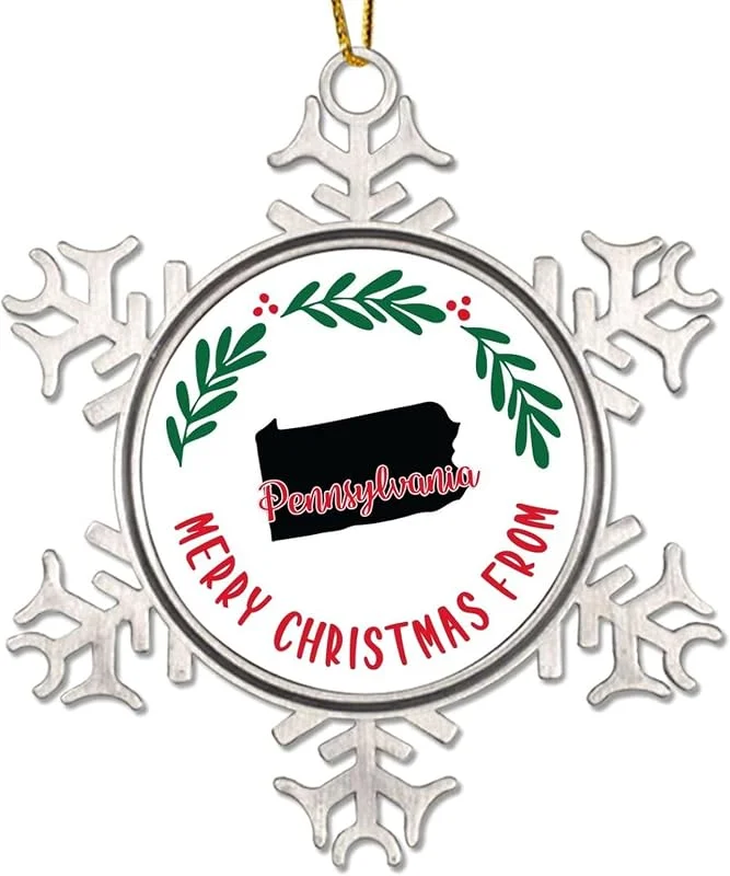 Marke: CowkissSign Merry Christmas From Pennsylvania Dekoration Ornament American State USA States Andenken Schneeflocke Metall Weihnachten Ornament Pennsylvania Weihnachtskranz Weihnachtsbaum Andenken — Weihnachtsdeko