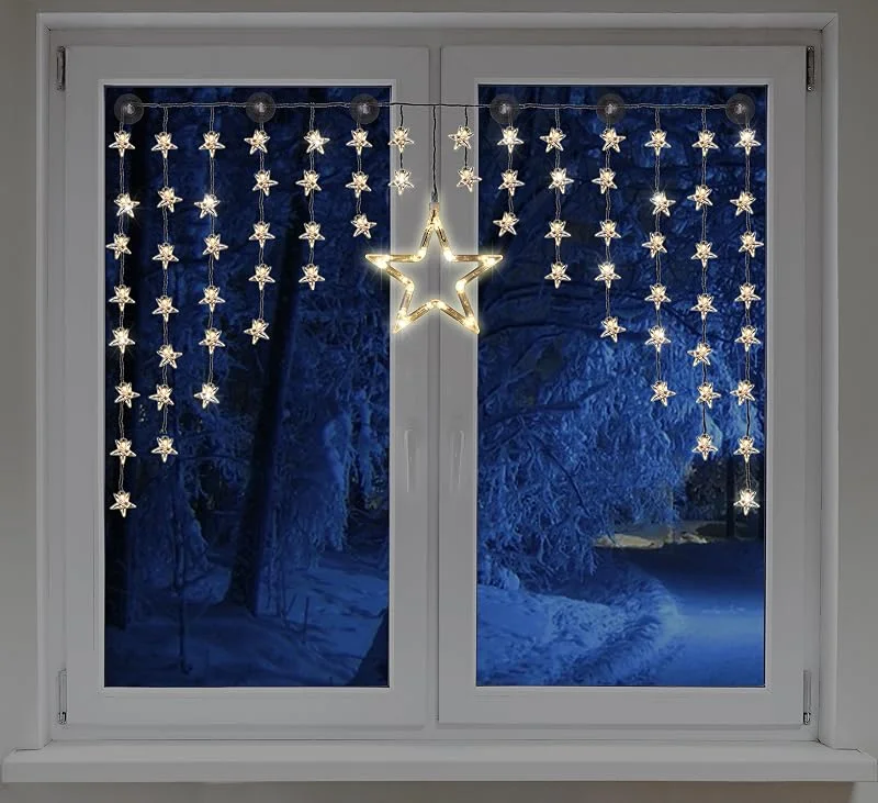 Marke: Haushalt International Mojawo Beleuchteter Weihnacht Sternenvorhang Lichterkette Fensterdeko 90 LED warm weiÃŸ mit Saugnäpfe Einfach zu montieren Breite 135 cm, Höhe 95 cm, Zuleitung 5 m — Weihnachtsdeko