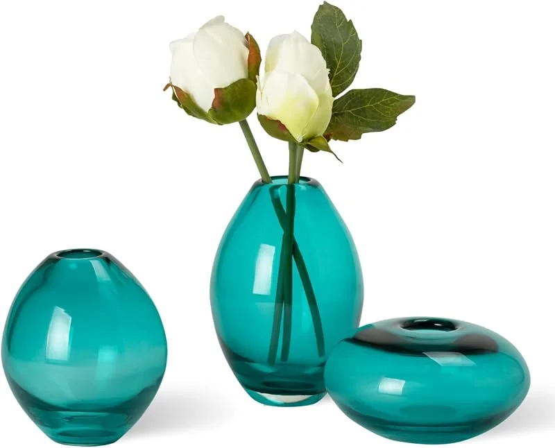 Marke: Torre & Tagus Torre & Tagus Mini Lüster Bud Vase Set für Home Office Tischdekoration, Glas, Türkis, Ausflug, einfarbig (Getaway Solids), Assorted, 3 — Kerzenlicht Abendessen