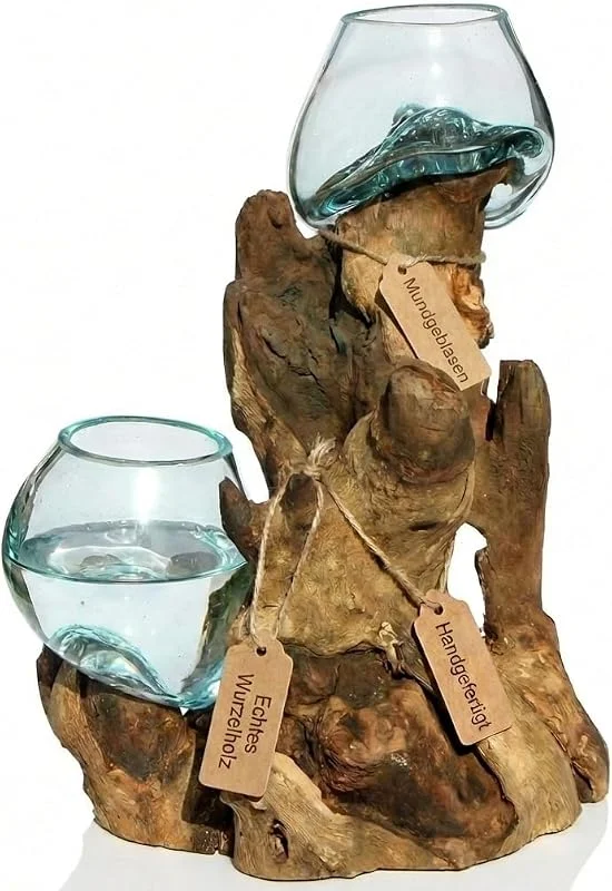 Marke: Wogeka Doppel Glas-Vase auf Wurzel-Holz Gamal - Ø Glas 9-10 cm Handarbeit, Unikat aus Holz als Geschenk-Idee zur Dekoration Do10L — Kerzenlicht Abendessen