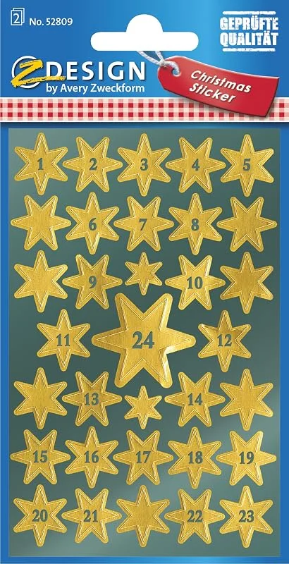 Besuche den AVERY Zweckform-Store AVERY Zweckform 66 Aufkleber Weihnachten Sterne gold (Made in Germany, Weihnachtskalender, Glanzpapier, selbstklebende Weihnachtsdeko, Zahlen 1-24, Adventskalenderzahlen, Sticker Weihnachten) 52809 — Geschenkverpackung