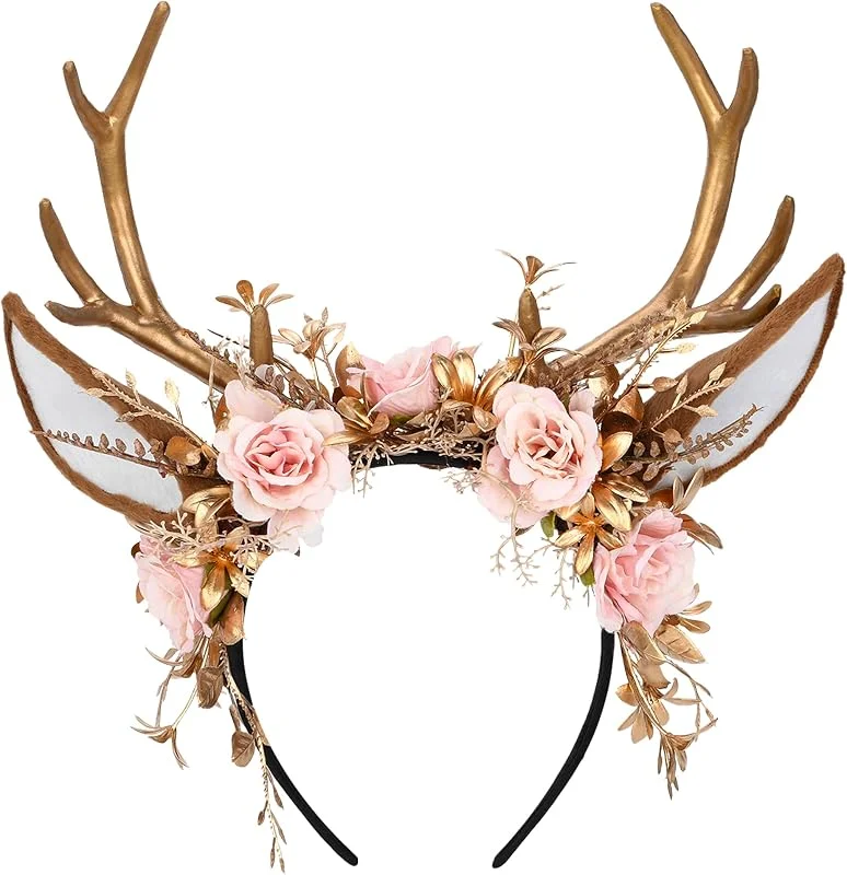 Besuche den MOSTORY-Store MOSTORY Handgefertigtes goldenes Blumen-Geweih-Haarband - Waldblumen-Rentier-Kopfschmuck mit Hirsch-Ohren Wald-Fee-Haarband für Frauen Mädchen Renaissance Halloween Cosplay Party Prom Foto-Requisiten — Weihnachtsmode