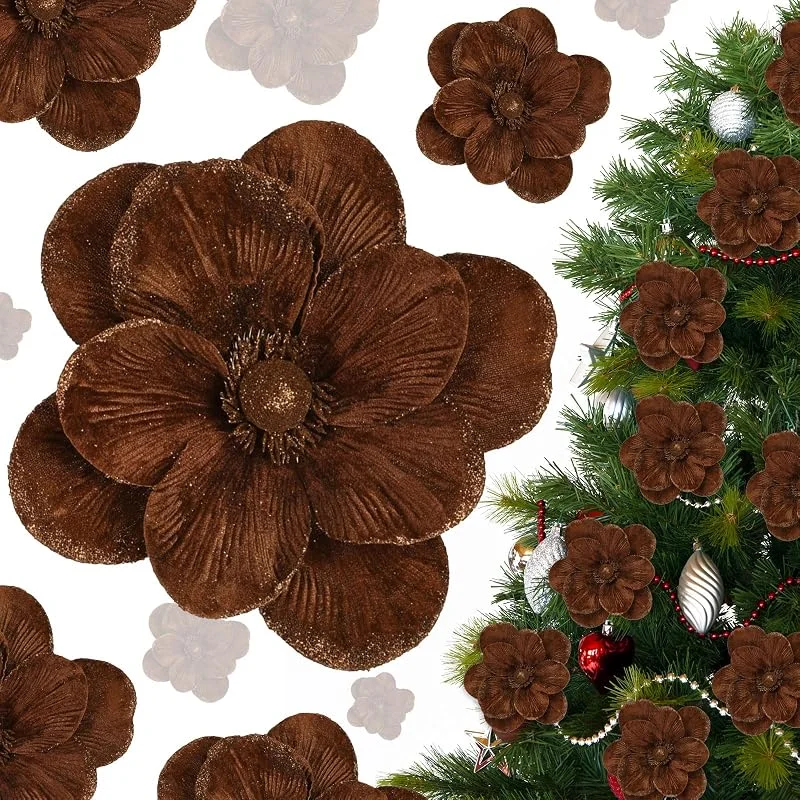 Marke: Craftsatin 12 Stück Samt-Weihnachtsstern, Burgunderrot, Magnolien-Blumen, Ornamente, Glitzer, große Köpfe, künstliche Magnolien-Blumen für Dekoration, Hochzeitsdekoration, Zubehör (braun) — Weihnachtsdeko