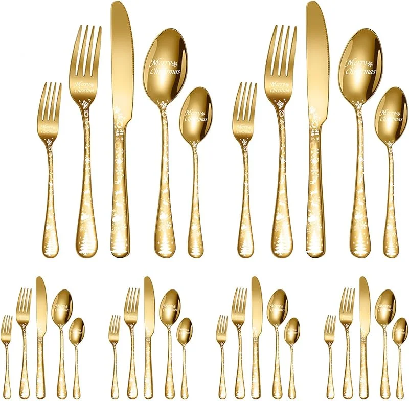 Marke: Xiyocadt Weihnachtsbesteck Set, Besteck Set Service, Edelstahl Besteck Geschirr, Handgriff mit Weihnachtsbaum und Rentiermotiven, Messer Gabel Löffel, Hochglanzpoliert & Spülmaschinengeeignet (Gold, 30-teilig) — Advent und Tisch