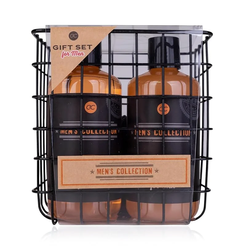 Besuche den accentra-Store Accentra Geschenkset für Männer MEN'S COLLECTION in Drahtkorb, inkl. 300ml Duschgel, 300ml Shampoo, 15g Netzschwamm, Nagelbürste, Duft: Birke & Zeder - braun — Hautpflege
