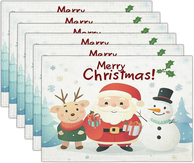 Marke: GDJSMIN Mode Weiß Weihnachtsmann-Rentier-Schneemann-Szene Weihnachten Platzsets 2er Set, 30x45cm Winter Tischset Waschbar Platzdeckchen Küche Party Deko — Küche & Haushalt