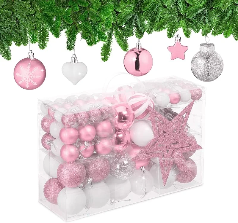 Besuche den Relaxdays-Store Relaxdays Weihnachtskugeln 101er Set, Kunststoff, Weihnachtsbaumdeko mit Kugeln & Spitze, Christbaumschmuck, Farbwahl — Weihnachtsdeko