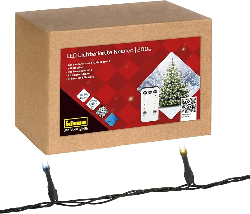 Besuche den Idena-Store Idena 31269 - LED Lichterkette mit 200 LEDs in Weiß und Warmweiß, 8 Stunden Timer Funktion, Dimmer und Memoryeinstellungen, ca. 27, 9 m lang, zum Basteln, als Party Deko, Weihnachtsdeko, Hochzeit — Weihnachtsbeleuchtung