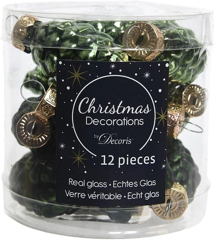 Marke: Zeus Party 12 Weihnachtskugeln Glas Zapfen 60mm (Grün, Piniengrün) Christbaumkugeln Baumkugeln Weihnachtsdeko Kugeln Glaskugeln Dose