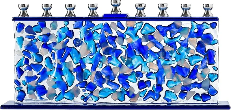 Marke: Ner Mitzvah Chanukka Menora aus Glas - Blau und Weiß Menorah Hanukkah - Konfetti - Passend Für Alle Standard Chanukka Kerzen - Handgefertigte Menorah aus Bemaltem Glas — Kerzenlicht Abendessen