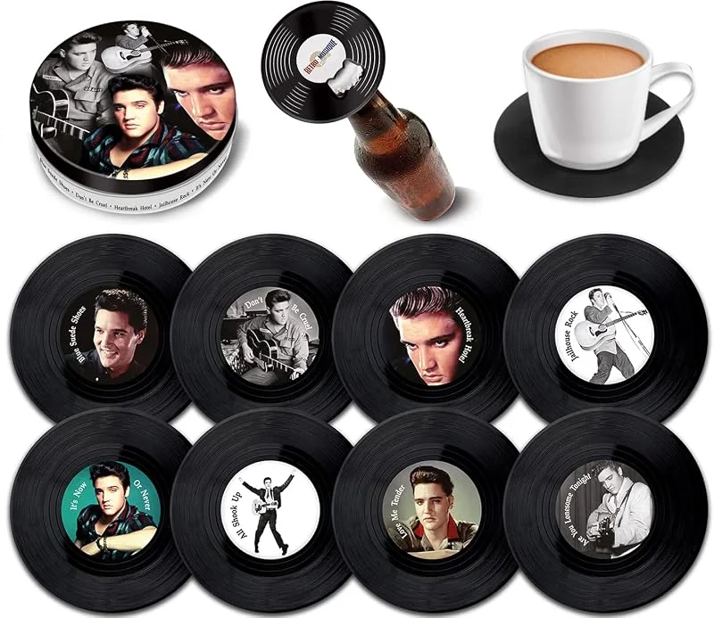 Marke: Retro Musique Elvis Presley 8-teiliges Mini-Vinyl-Schallplatten-Untersetzer-Set mit Dose und magnetischem Flaschenöffner — Wein und Festtafel
