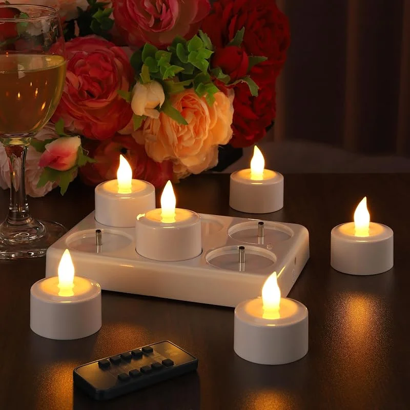 Besuche den EXTSUD-Store EXTSUD 6 Stück LED Teelichter Aufladbar mit Timer Fernbedienung und Ladestation Elektrische Teelichter LED Kerzen Wiederaufladbar Flackernd Flammenlose Candles für Weihnachten Hochzeiten Haus Deko — Kerzenlicht Abendessen