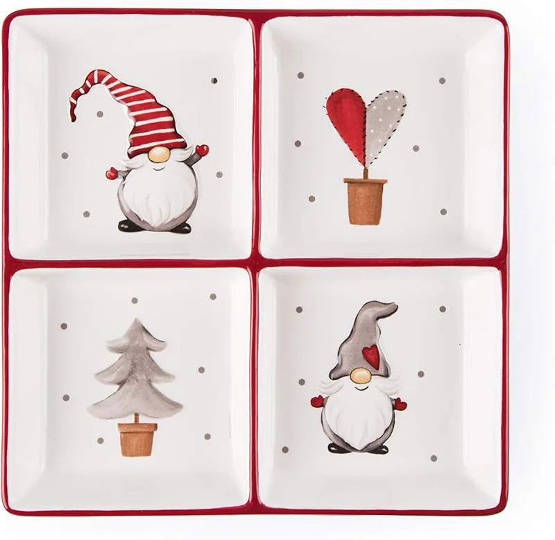 Besuche den Excelsa-Store Excelsa Gnomo Teller mit 4 Fächern, 20 x 20 cm, Keramik, Servierplatte, Weihnachtsdekoration — Advent und Tisch