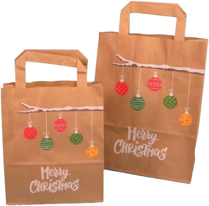Marke: Pro DP 250 Papiertragetaschen Geschenktüten braun mit Weihnachtsmotiv "Weihnachtszweig" 18+8x22cm 70g, m² mit Papier Flachhenkel — Geschenkverpackung