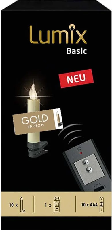 Besuche den Lumix-Store Lumix® Basic kabellose LED Christbaumkerzen von Krinner Weihnachtsbaumkerzen Tannebaumbeleuchtung warmweiß 10er-Set inkl. ON, OFF Fernbedienung (Gold) — Weihnachtsbeleuchtung